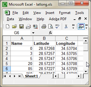 Excel spreadsheet with Latitude, Longitude and Depth data.