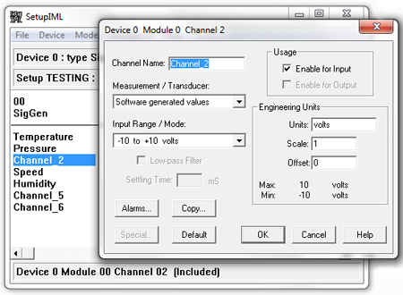 SetupIML software: configuring channels